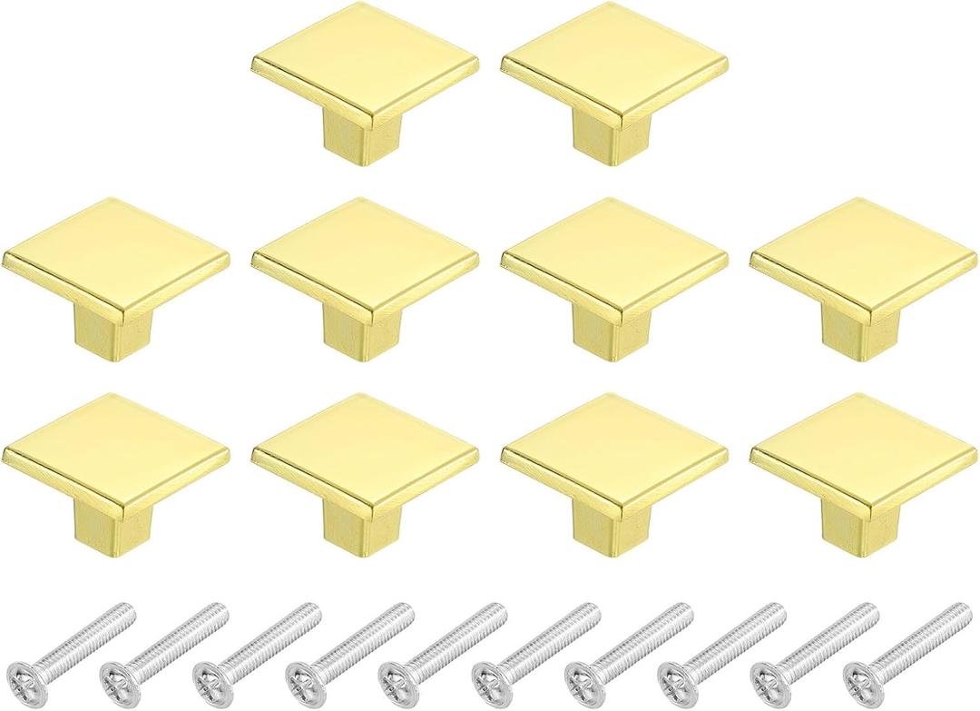 uxcell 10Pcs Square Cabinet Knobs, 1.2 Inch Square Kitchen Cabinet Knob Aluminum Alloy Solid Drawer Knob Handle Pulls for Kitchen Cabinets Bedroom Dresser Wardrobe, Gold