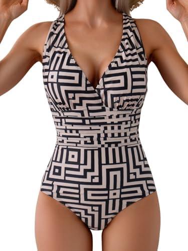Eomenie One Piece Swimsuit for Women Tummy Control Slimming Bathing Suit Wide Straps V Neck Swim Suit Cross Back Swimwear, XL