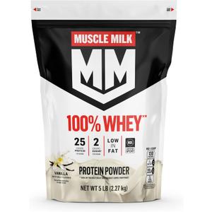 Muscle Milk 100% Whey Protein Powder, Vanilla, 5 Pound, 68 Servings, 25g Protein, 2g Sugar, Low in Fat, NSF Certified for Sport, Energizing Snack, Workout Recovery, Packaging May Vary (EXP 06/11/26)