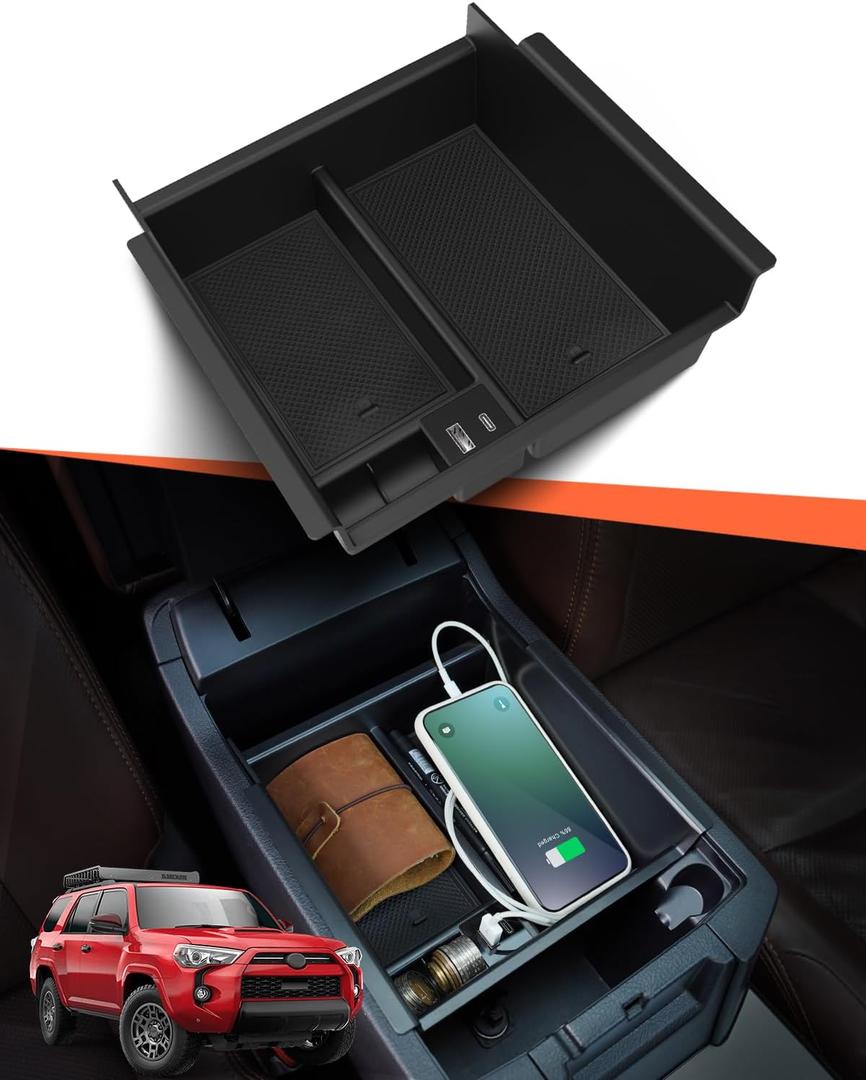 DrCarNow Upgrade for Toyota 4Runner Center Console Organizer Tray with USB Port 2010-2023 2024, Secondary Insert Storage Armrest Box ABS Black Materials for 4Runner 2010-2024 5th Gen Car Accessories