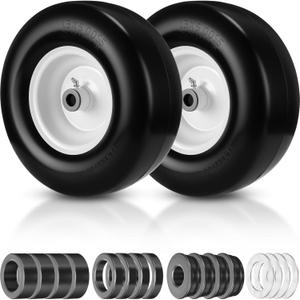 2 Pcs 13 x 5.00-6" Flat Free Lawn Mower Tires on Wheel with 3/4" & 5/8" Grease Bushing Zero Turn Mower Front Tire Solid Smooth Wheel Assemblies for Lawn Garden Turf, 3.25"-5.9" Centered Hub