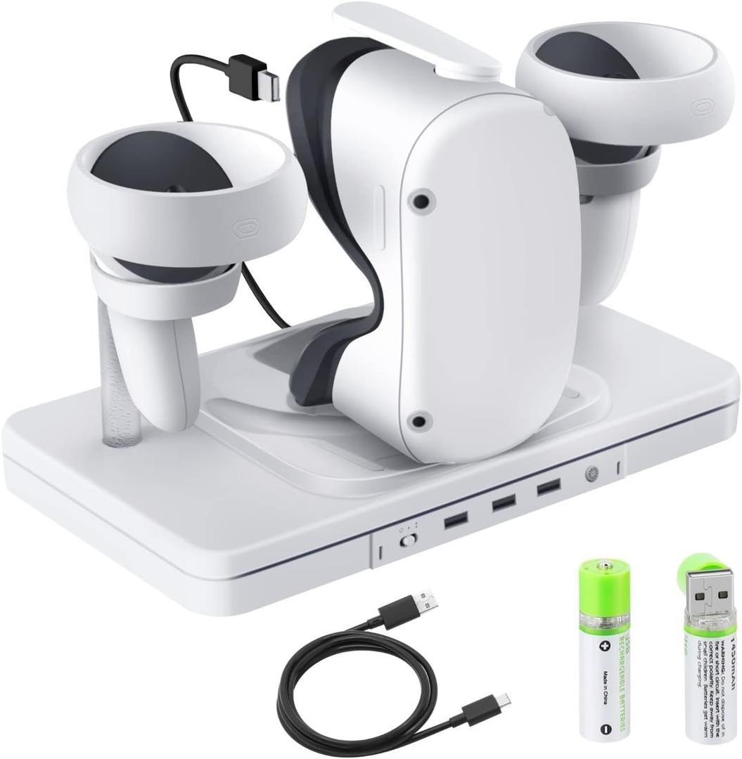 TNP Charging Dock for Oculus Quest 2 - VR Headset and Controller Charging Dock Station USB-C Cable Fast Charging and Data Transfer with RGB Light, 3X USB 2.0 Ports and 2X Rechargeable Batteries