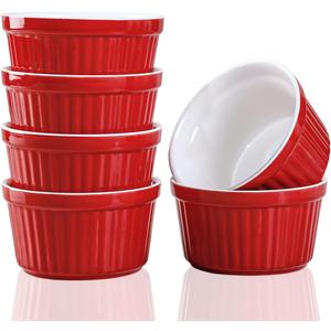 Ramekins 6oz Oven Safe,Creme Brulee Ramekin and Souffle Dishes,Porcelain Baking Bowls,Dipping Sauce Dish.Pudding Cups,Set of 6,Red