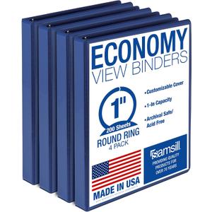 Samsill 1 Inch 3 Ring Binders, Economy Round Ring, Clear View Cover, 200 Sheet Capacity - for School, Home, Office - Blue, 4 Pack