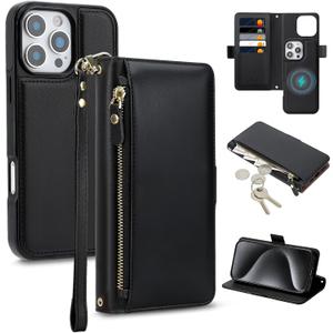 COBEAR for iPhone 15 Pro Max Case Wallet, 2-in-1 Magnetic Detachable, PU Leather, Zipper Pocket, Kickstand, Wrist Strap, Women Men Flip Wallet Case with Card Holder for iPhone 15 Pro Max, Black