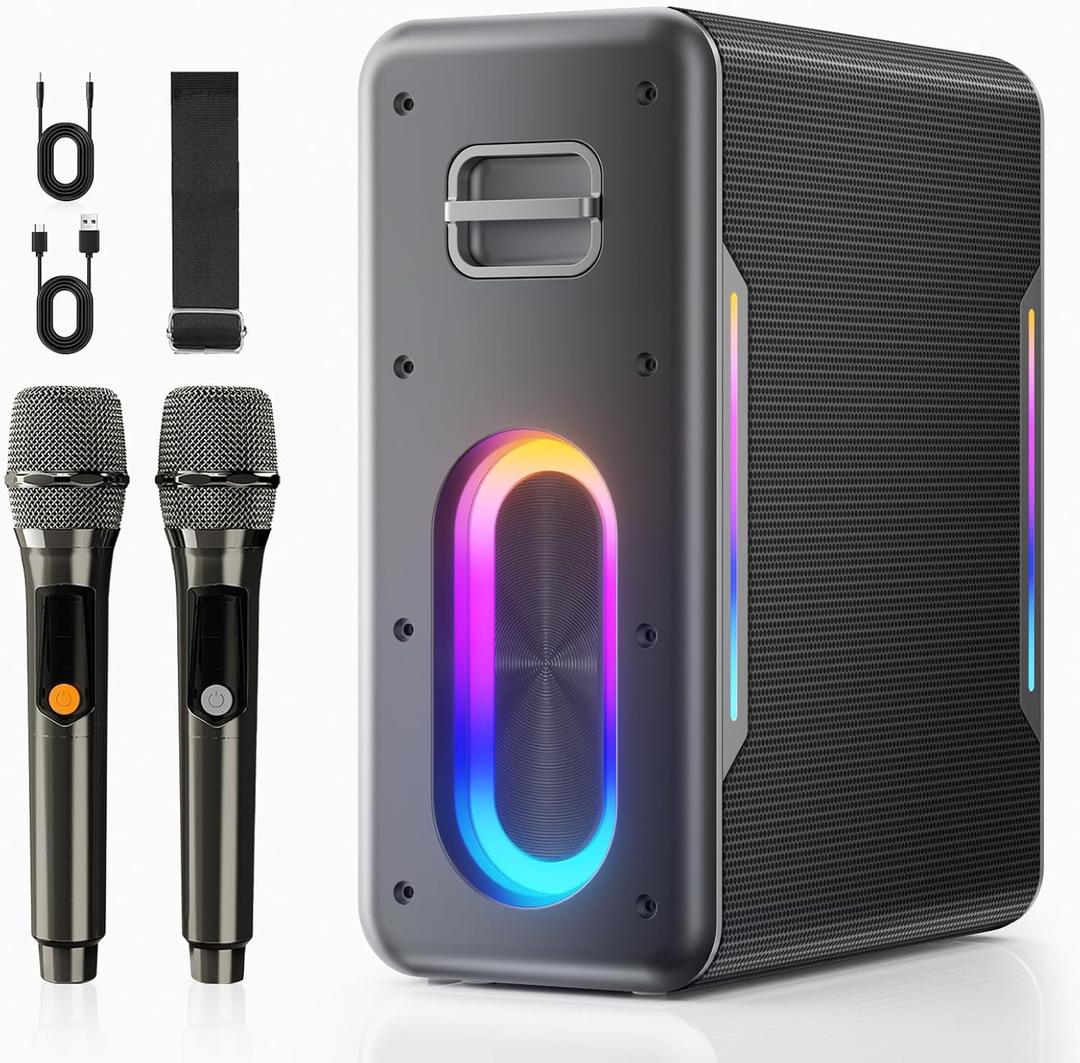 Karaoke Machine with Two Wireless Microphones, Powerful Portable Bluetooth Speaker for Adults & Kids, PA System with 2 Voice Mode, LED Lights, Supports TWS/AUX/USB/TF for Party(Gray+Sliver