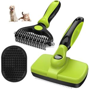 Augwind 3PCS Self Cleaning Slicker Brush & Pet Grooming Rake & Bath Brush for Dogs and Cats | Skin Friendly Deshedding Grooming Tool & Double-Sided Dematting Tool | Premium Pet Supplies (Green Black)