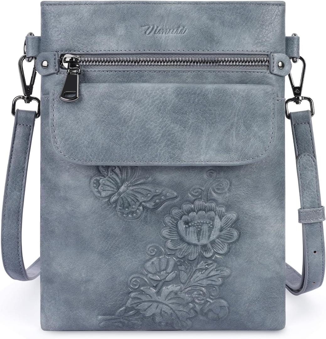 Small Crossbody Purse for Women, Vegan Leather Multi Pocket Bag with Adjustable Strap Embossed Travel Shoulder Bag (Blue)