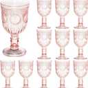 Pink 12 Pack Vintage Wine Glasses, Plastic Reusable 12 Ounce Colored Water Goblets, Unique Flower Embossed Pattern Unbreakable Stemmed Wine Glasses High Clear Wedding Party Bar Drinking Cups