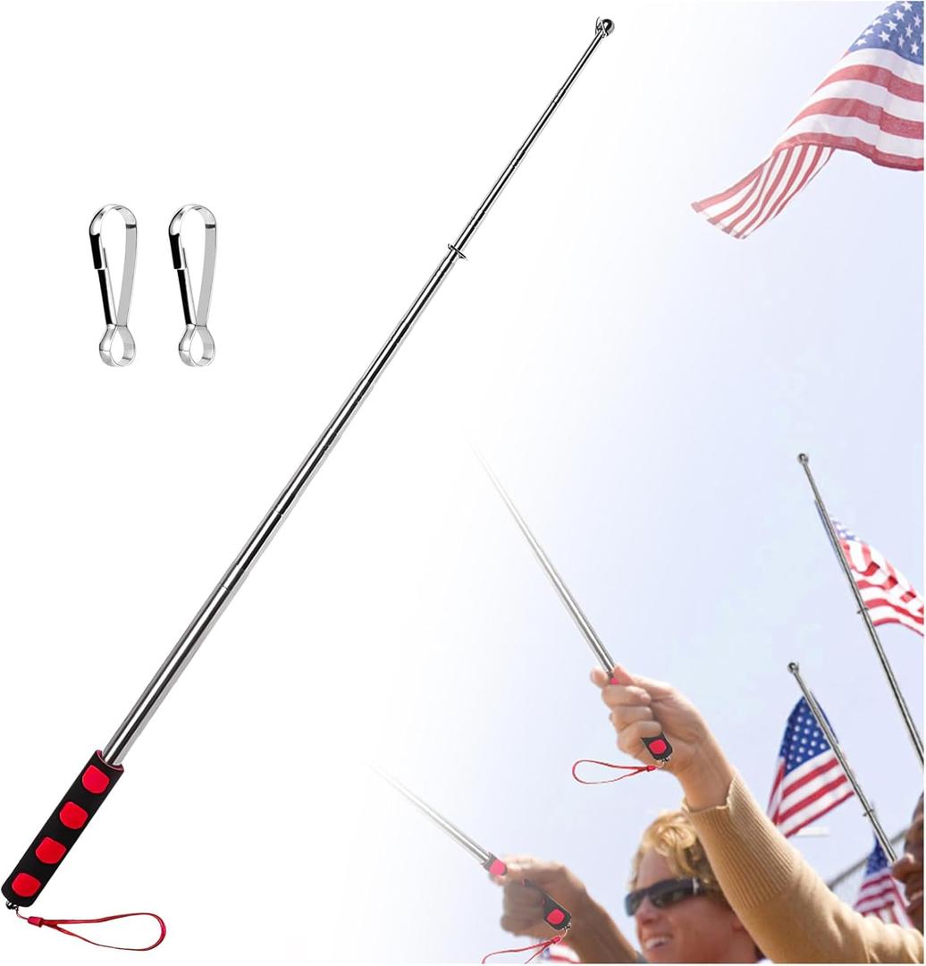 Telescopic Handheld Flagpoles with Clips 6'7" Portable Stainless Flag Pole Extendable Flag Stick Guiding Flag Pole with Anti-Slip Grip Red
