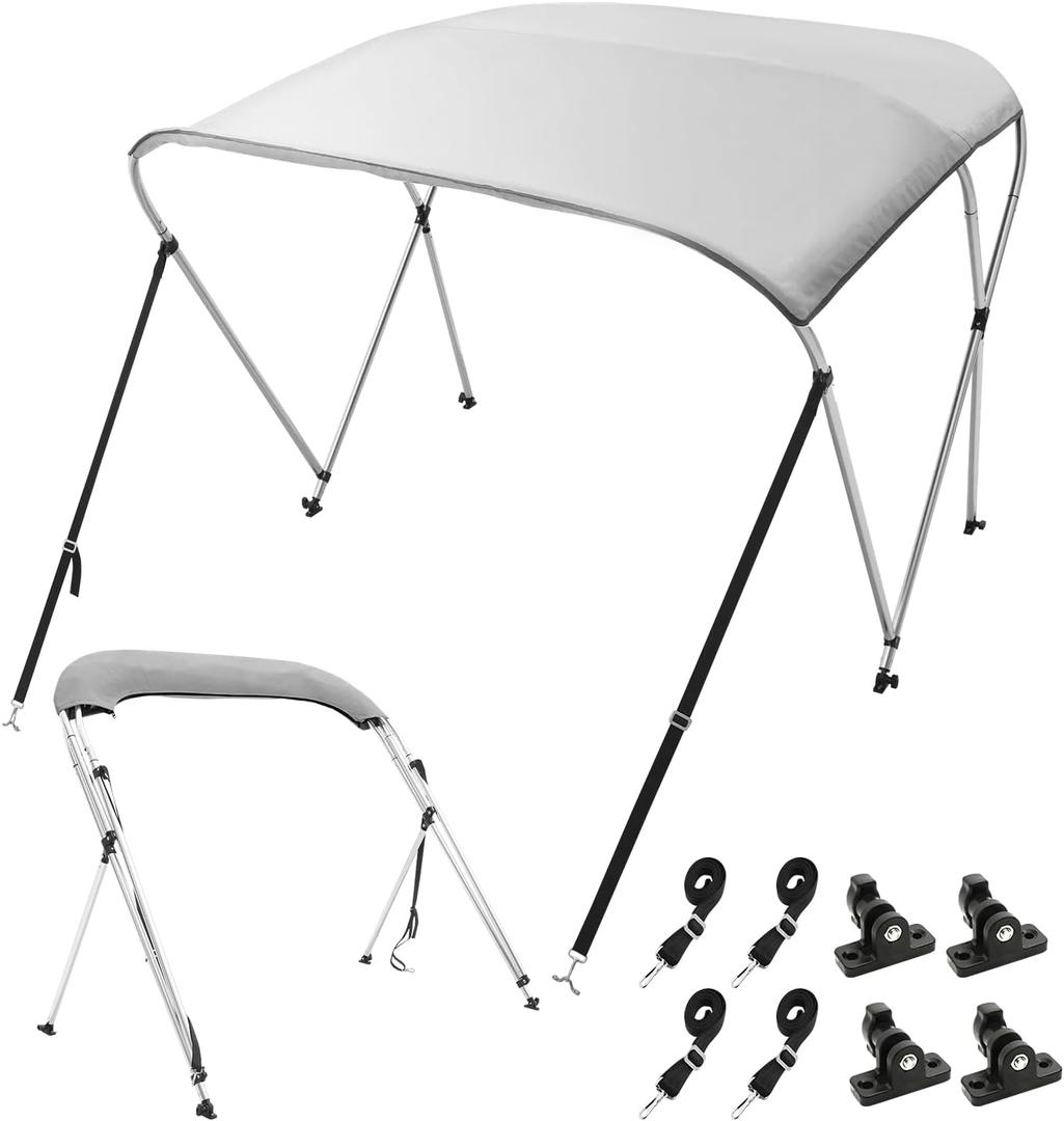 VEVOR 3 Bow Bimini Top Boat Cover, 600D Polyester Canopy with 1" Aluminum Alloy Frame, Waterproof and Sun Shade, Includes Storage Boot, 2 Support Poles, 4 Straps, 6'L x 46" H x 61"-66" W, Light Grey