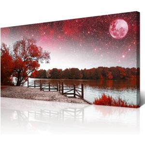 Wapluam Framed Canvas Wall Art For Living Room Wall Decor Artwork For Bedroom Office Decor Red Tree Landscape Wall Paintings Starry Sky Moon Wall Pictures Aesthetic Room Home Decoration 20" X 40"