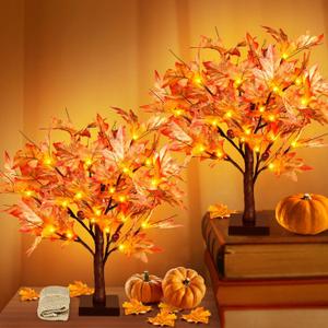 Remon 36 LED Lighted Fall Maple Tree - 1.5FT Thanksgiving Tabletop Lamp Decor with, 72 Maple Leaves, 6 Acorns, Timer Battery Operated 18 Inch Burlap Base Fall Artificial Tree for Autumn Decorations