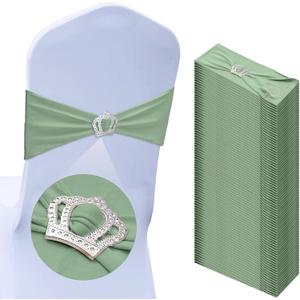 50 Pcs Stretch Chair Sashes with Crown Chair Sashes with Buckle Slider Wedding Elastic Cover for Party Bridal Baby Shower Ceremony Reception Banquet(Sage Green)