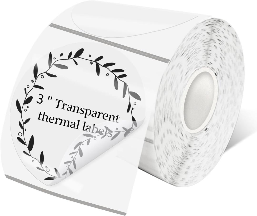3 Inch Transparent Round Thermal Label, Self-Adhesive Clear Waterproof Circle Sticker for Logo Design, Multipurpose Direct Thermal Labels, 300 Sheets/1 Roll