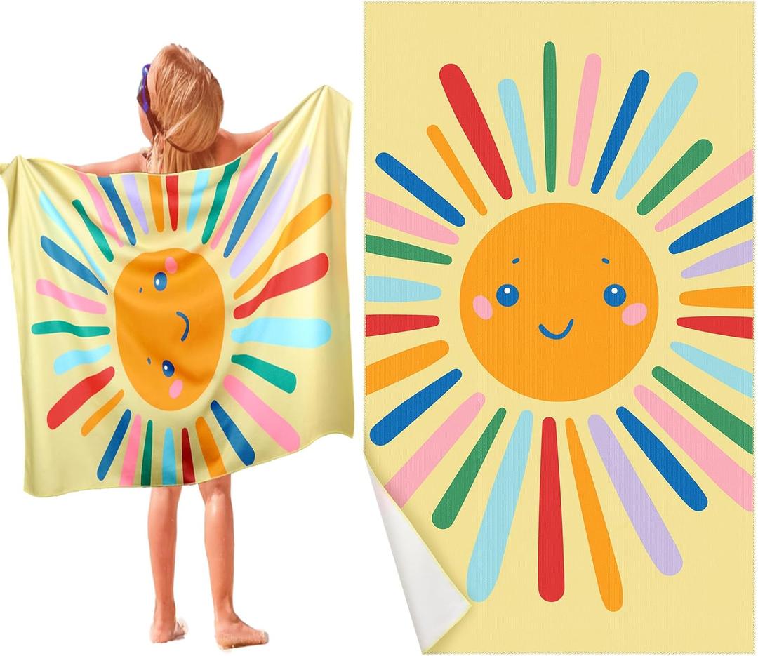 HunnmingRe Kids Beach Towels Girls Boys Cute Beach Towel 50 x 30 Inch Microfiber Absorbent Dry Pool Bath Supplies for Party Gifts Swimming Camping Decoration(Colorful, Cute Sun)