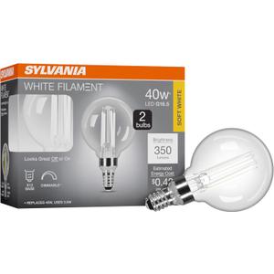Sylvania G16.5 Clear Globe LED White Filament Bulb, 3.5W, Dimmable, 350 LMS, Candelabra Base, 2700K, Soft White - 2 Pack (42243)
