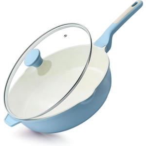 SENSARTE Nonstick Ceramic Skillet with Lid 12-inch, 5QT Non Toxic Deep Frying Pan, Saute Pan with Lid, Stay-cool Handle, Healthy Cooking Pot, Induction Compatible, Blue