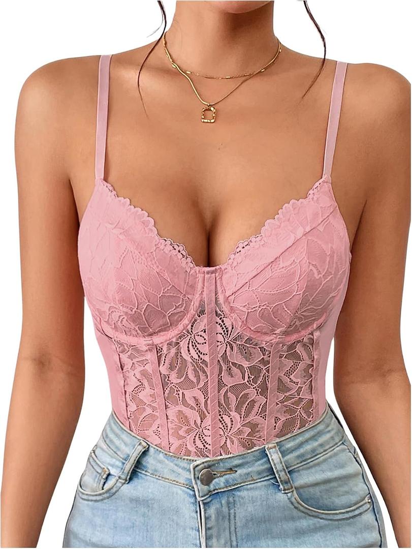 Milumia Women's Sexy Sheer Mesh Lace Bodysuit Spaghetti Strap Bustier Corset Tops Rave Party Club All Pink X-Large
