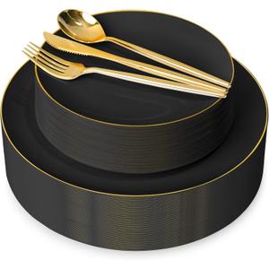 I00000 150Pcs Black Plastic Plates, Black Disposable Plates, Heavy Duty black plates for 30 Guests,Plastic Dinnerware Set Include 30 Dinner Plate,30 Dessert Plate,90 Gold Cutlery Set for Party