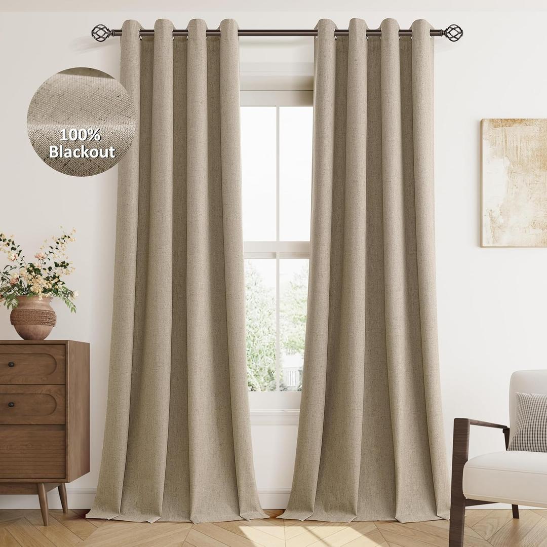 Jowels Khaki Linen Blackout Curtains 96 Length 2 Panels Set for Living Room Bedroom, 100% Black Out Thermal Insulated Linen Drapes, Room Darkening Grommet Curtains 96 Inches Long