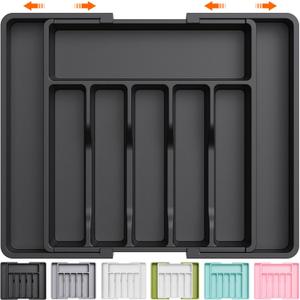 Lifewit Large Silverware Drawer Organizer, Expandable Utensil Tray for Kitchen, BPA Free Flatware and Cutlery Holder, Adjustable Plastic Storage for Spoons Forks Knives, Large, Black (XL(13-22''W x 15"D))