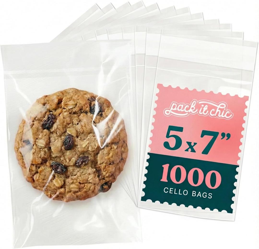 5" X 7" Self Sealing Cellophane Bags (1000 Pack) - Clear Cookie Bags With Seal for Baked Goods Packaging, Cookie Wrappers, Bakery Packaging, Bake Sale, Candy, Treats, Goodies, Gifts, Party Favors