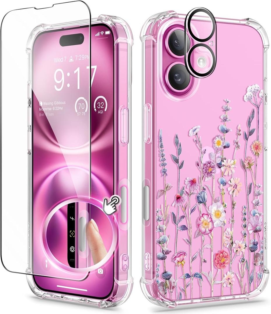 GVIEWIN for iPhone 16 Case Floral, with Screen Protector&Camera Lens Protector, [Non Yellowing] Soft Shockproof Clear Phone Protective Cover for Women, Flower Pattern Design 6.1"(Floratopia/Colorful)