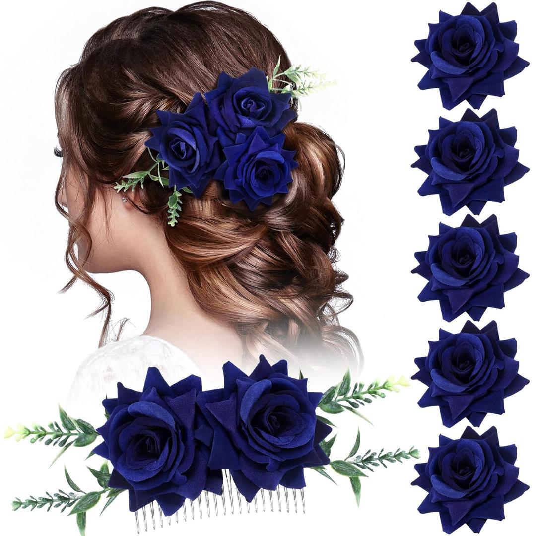 Geyoga Flower Hair Clip Set, 6 Pcs Rose Hair Accessories for Women Girls Wedding Dancing Party (Navy Blue)