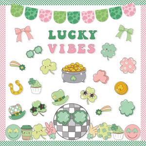 112Pcs St. Patricks Day Bulletin Board Classroom Decoration Lucky Vibe Cutouts Shamrock Clover Gold Coin Sticker Name Tags School Home Party Supplies Classroom Chalkboard Wall Door Decor
