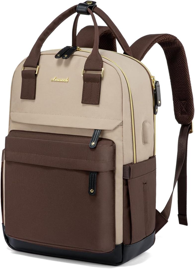 LOVEVOOK Travel Laptop Backpack Women, 15.6 Inch Anti-theft Laptop Bag with USB Port, Fashion Waterproof Computer Backpacks Teacher Nurse Backpack Purse for College Work (Khaki-coffee)