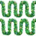 Roberly 2 PCS Prelit Christmas Tinsel Garland with Lights, Total 39.4 Ft 120 Led Lighted Christmas Tree Decorations Twist Hanging Foil Garland for Xmas Party Stairs New Year Decor, Green