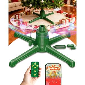 COOLWUFAN Musical Rotating Christmas Tree Stand with Remote Control, 360-Degree Tree Stand Base for Up to 9FT & 120lb Artificial Trees, 6 Built-in Electrical Outlets Xmas Revolving Tree Holder