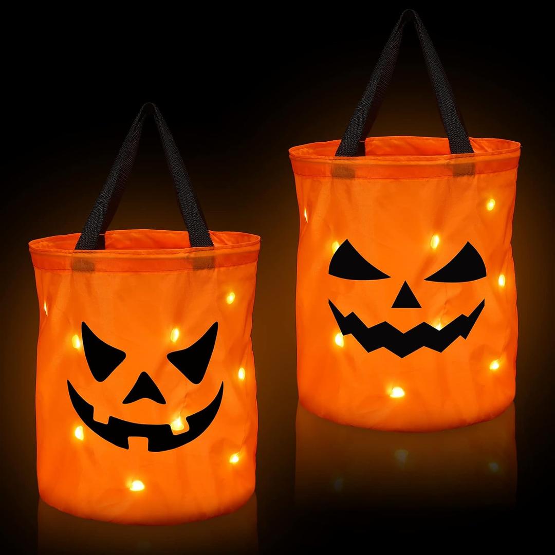 Shappy 2 Pcs 12 x 10 Inches Light LED Halloween Trick or Treat Bucket Candy Pumpkin Large Bags Collapsible Ghost Multipurpose Reusable Halloween Basket Birthday Party Goodie(Orange,Classic Style)