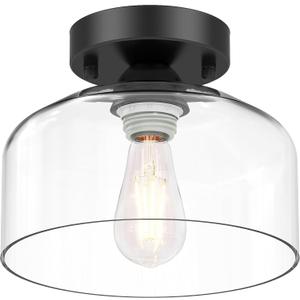 Semi Flush Mount Ceiling Light - Clear Glass Pendant Lamp Shade, Matte Black Finish, Modern Farmhouse Light Fixture for Hallway Corridor Kitchen Entryway Bedroom, Bulb Not Included