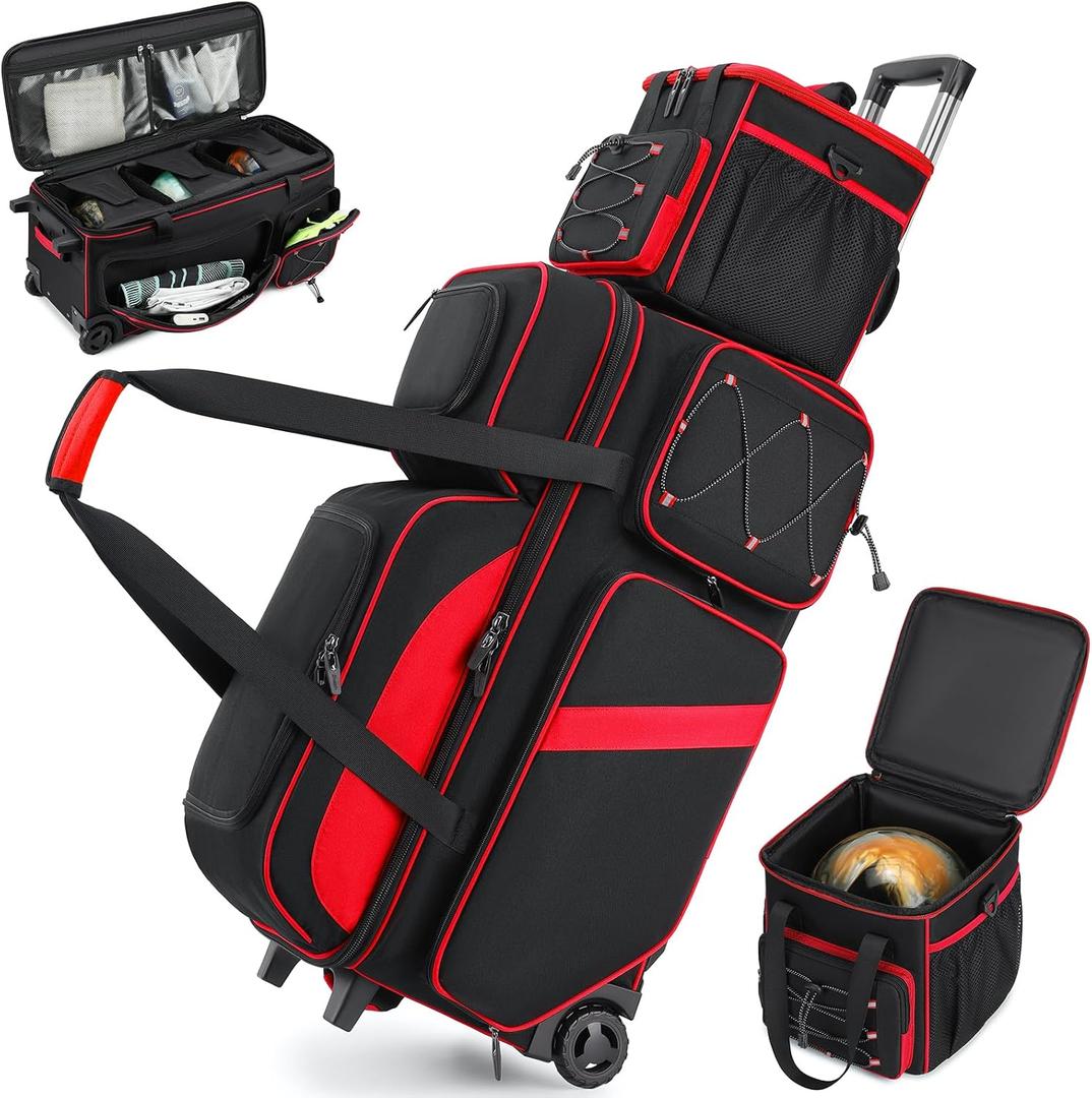 4 Ball Bowling Bag with Wheels, 3 Ball Bowling Bags Roller with 1 Ball Add On Bag, Multi-Pockets & Shoe Compartment (Fits Up to Size 16), Large