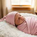Large Jersey Knitted Swaddle Blanket for Baby, Soft Stretchy Receiving Blanket for Newborns with Hat, Baby Nursery Swaddle 47 x 47 inches(Rose)