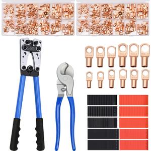 Battery Cable Wire Lug Crimping Tool Kit with 340pcs Copper Wire Lugs, Wire Crimping Tool for AWG 10-1/0 Electrical Lug Crimper, with Cable Cutter, 420pcs Dual Wall Adhesive Heat Shrink Tubing