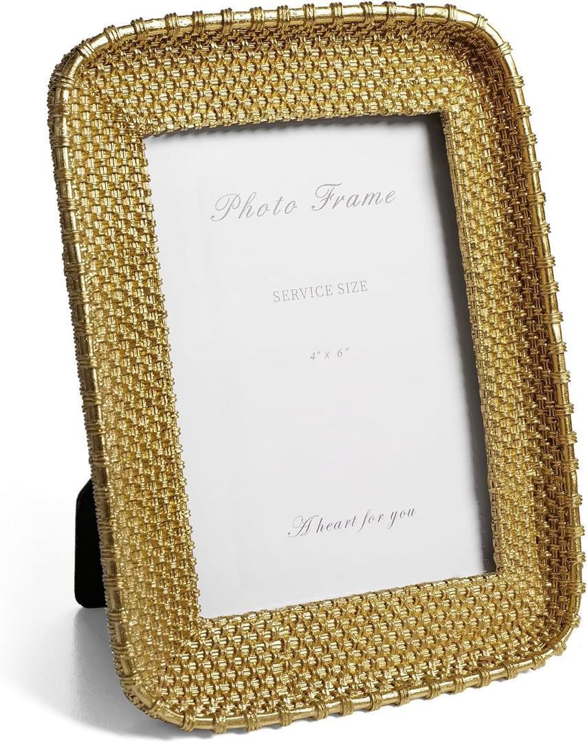 4x6 Picture Frame Vintage Gold Metal Rattan Textured Hand-Crafted Photo Frame with Glass Front, Antique Picture Frame for Tabletop Display & Wall Display, Retro Design Home Decor