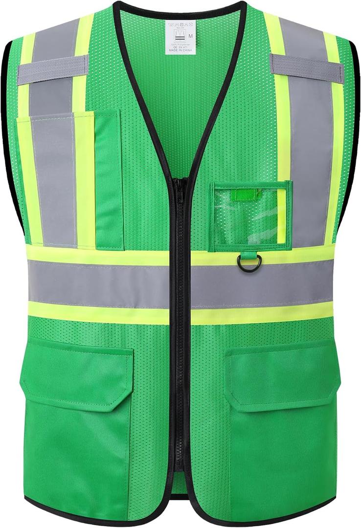 Hi Vis Reflective Safety Vest for Men Women with Multiple Pockets High Visibility Mesh Construction Work Vest,Meets ANSI/ISEA Standards(EK1-178-Green-M)
