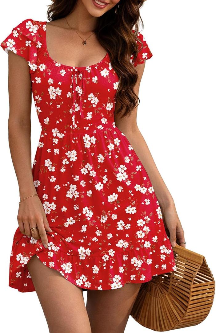 OWIN Womens Summer Square Neck Floral Sundress Flutter Sleeve A-Line Mini Casual Vacation Beach Dress with Pockets (M)