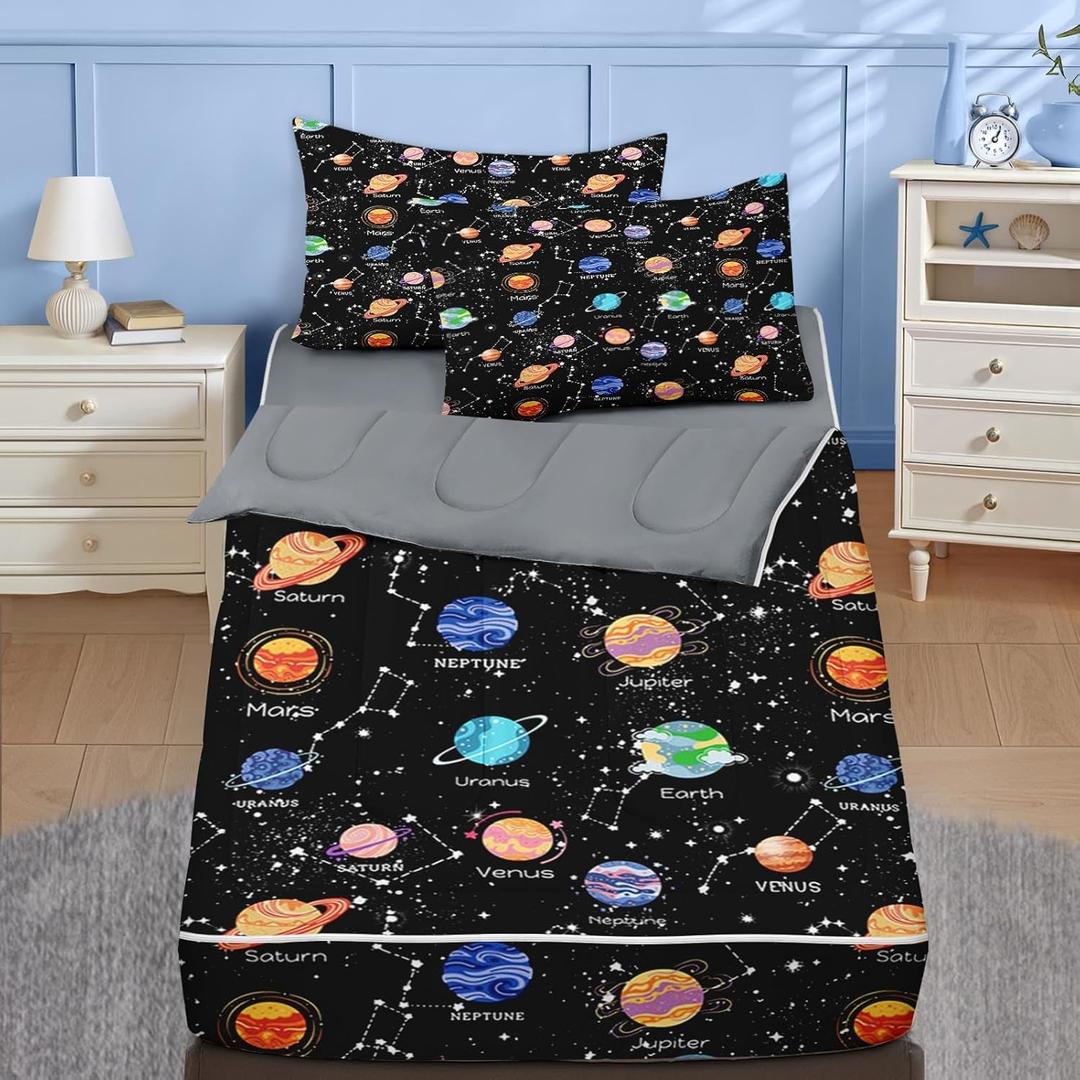 Nesker Twin Zipper Bedding, Space Galaxy Zipper Bedding Sets for Boys, 3pcs All in on one, Planets Moon Stars Kids Comforter Set with Fitted Sheet and 2 Pillowcases