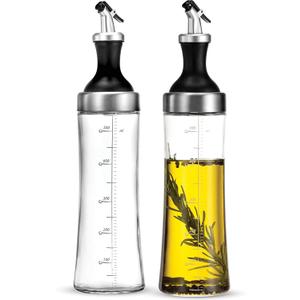 Olive Oil Dispenser Bottle, 2 Pcs Glass Oil and Vinegar Dispenser Set with 2 Stainless Steel Pourers, 17 Oz Glass Oil Bottle for Kitchen (500ml)