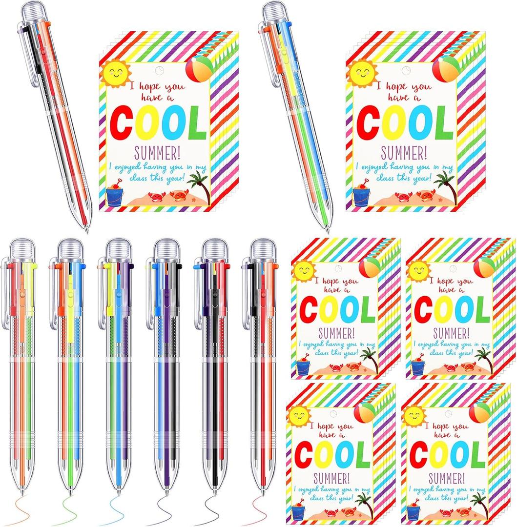 Tenceur 48 Set End of School Year Student Gifts Bulk, 4 in 1 Multicolor Ballpoint Pen with Cards,Cute Cartoon Retractable Ballpoint Pen Gifts from Teacher, Pre K Summer Graduation Party Favor
