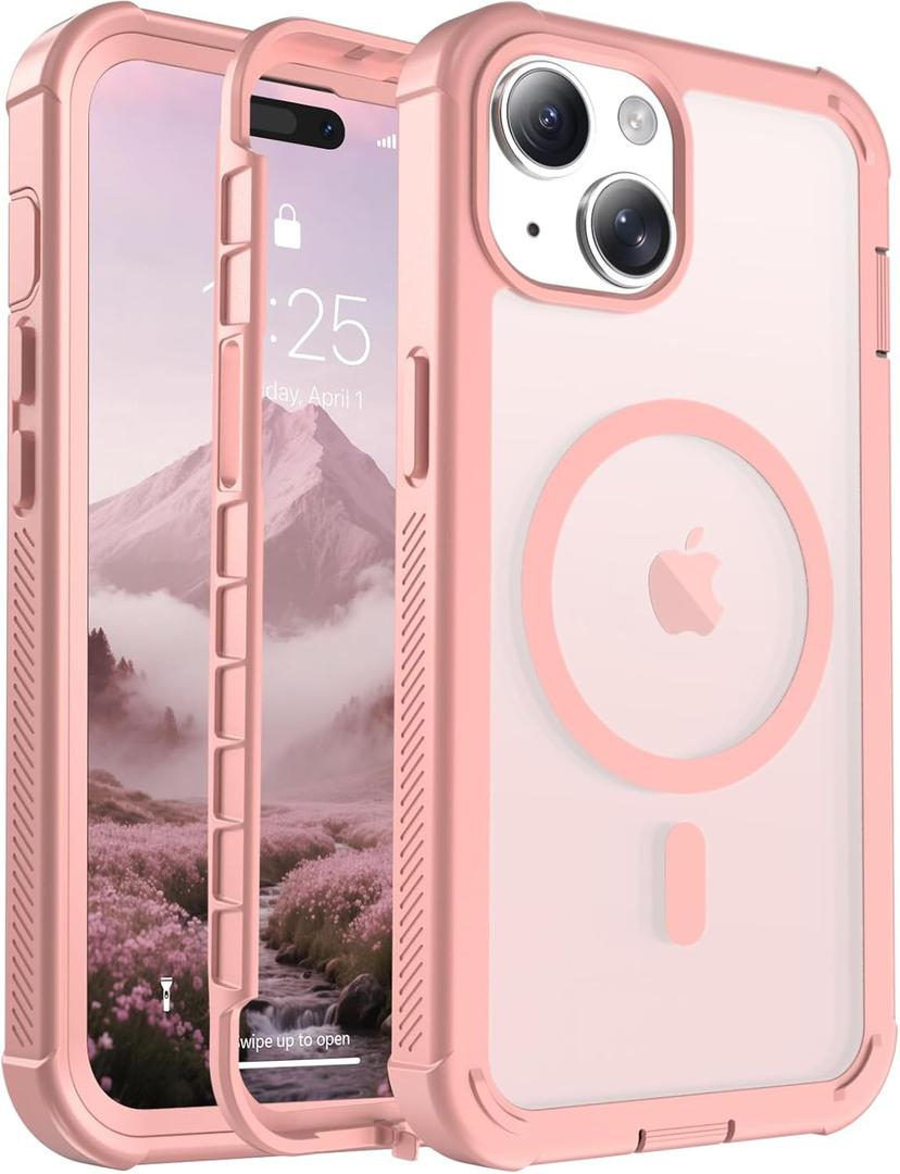 jaroco Magnetic for iPhone 15 Case, [Compatible with MagSafe][Military Grade Drop Protection][Heavy Duty Protection][Non-Slip][Shockproof] 2-Layer Durable Bumper Phone Case 6.1''-Pink