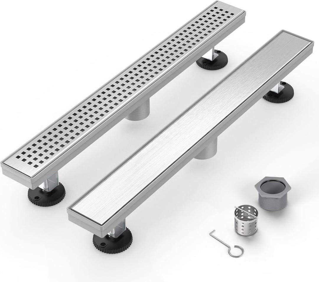 24 Inch Linear Shower Drains Set of 2, Modern 304 Stainless Steel Shower Floor Drain with Grate Removable, Adjustable Leveling Feet, Shower Drain