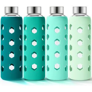 Mrsdry Glass Juice Bottles with Lids and Silicone Sleeves 18 oz, 4-Pack Reusable Clear Glass Water Bottles with Stainless Steel Airtight Cap for Juicing, Refrigerator, BPA Free Leak-Proof Drinking Jar