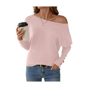 Cakulo Womens Off The Shoulder Sweater Batwing Long Sleeve Casual Knit Tops 2026 Lightweight Pullover Sweaters Pink L