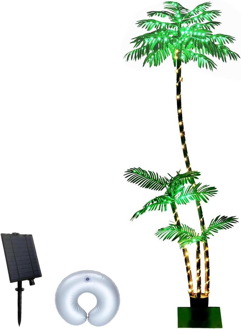 6FT Solar Lighted Palm Trees for Outside Patio Light Up 260 LED Artificial Fake Tree Lights for Pool Bar Tropical Party Deck Outdoor Decorations