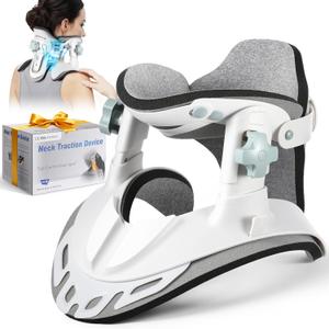 Cervical Traction Device, Neck Stretcher for Pain Relief at Home & Office, 3 Power Traction, Adjustable Ergonomic Support Brace for Spine Alignment, Lightweight and Portable (B: Pearl White)